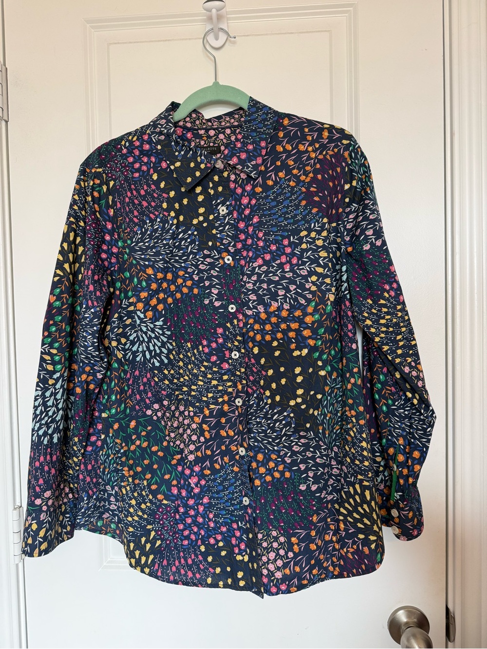 Talbots Plus Navy Blue Floral Print 100% Cotton Button Front Shirt